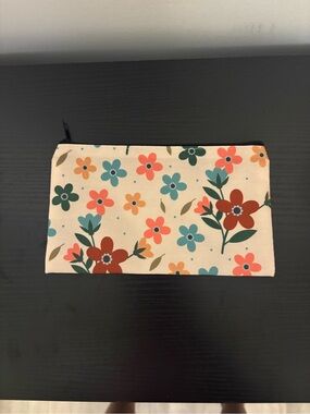 Floral Zip Pouch in Cream with Teal & Coral Flowers